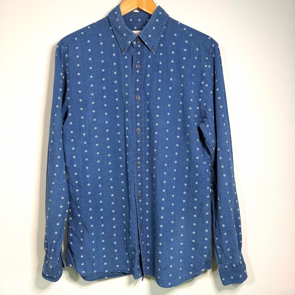 Brooks Brothers Linen Blend Blue Geometric Prints Long-Sleeve Shirt Men’s Size M